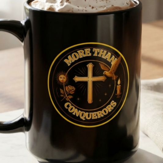 More Than Conquerors Christian Mug | 15oz Black Mug | Romans 8:37 Scripture Gift | Spiritual Faith Coffee Cup | Encouraging Bible Verse Mug